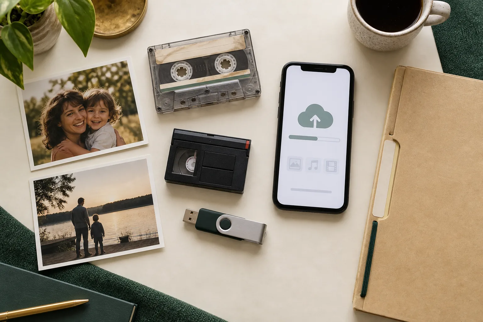 Photographies, cassette audio, cassette vidéo, clé USB et téléphone, illustration